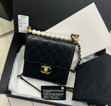 Top Quality Chanel Pearl Strap Black Quilted Leather Small Flap Bag