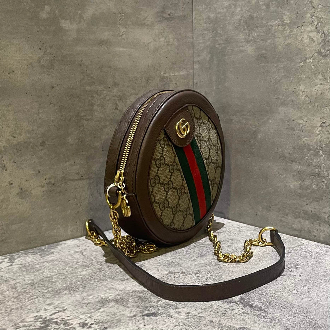 Gucci Ophidia GG Supreme Canvas Round Shoulder Bag Brown Small