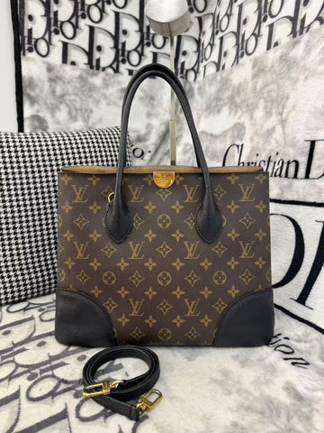 Louis Vuitton Monogram Canvas Black Leather Tote Bag Medium
