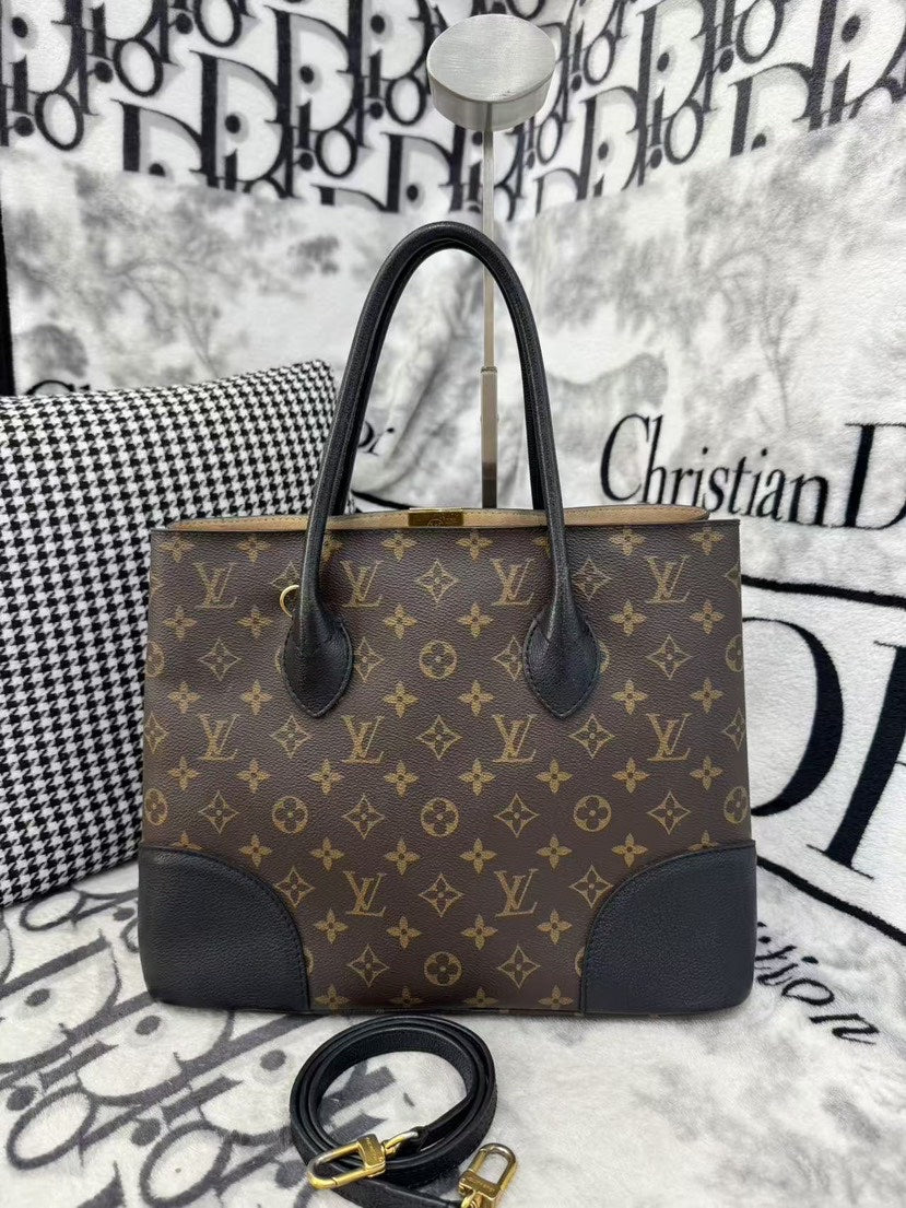Louis Vuitton Monogram Canvas Black Leather Tote Bag Medium