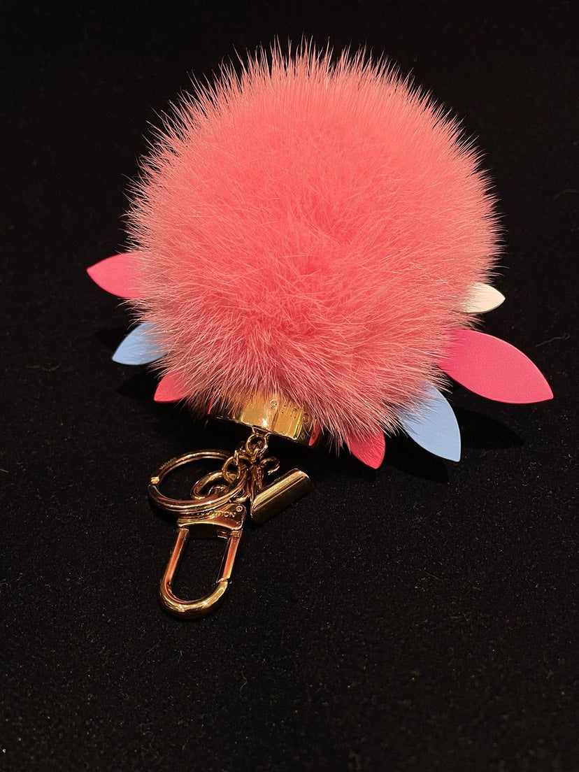 Louis Vuitton Pink Fur Pom Pom Bag Charm Keychain Multicolor Petals