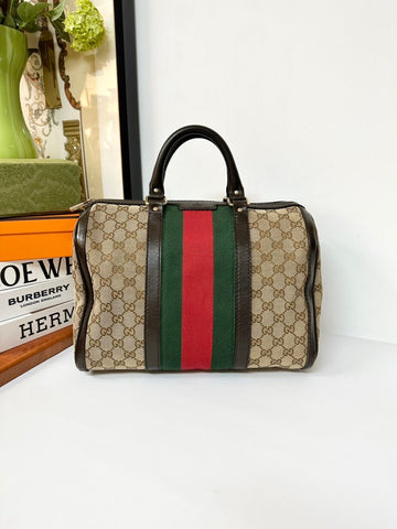 Gucci Boston Beige Brown Canvas Leather Stripe Handle Bag Medium