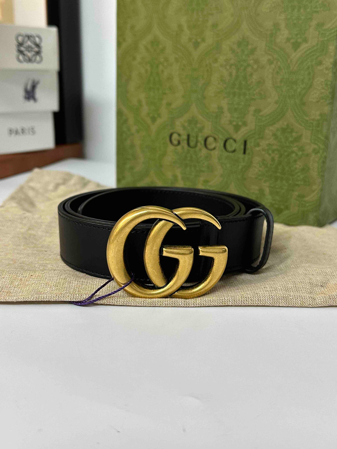Gucci Classic Black Leather Belt GG Buckle Full Set