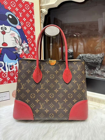Louis Vuitton Monogram Canvas Red Leather Handle Bag Medium