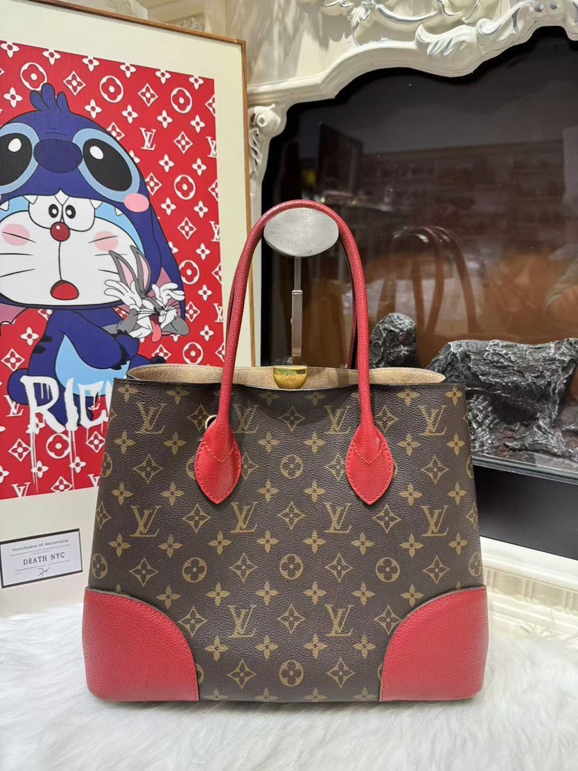 Louis Vuitton Monogram Canvas Red Leather Handle Bag Medium