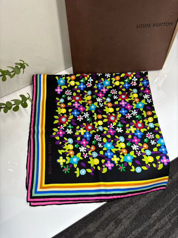 Louis Vuitton Floral Black Multicolor Scarf 70x70