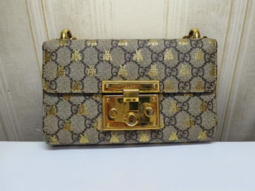 Gucci Padlock GG Supreme Bee Canvas Small Shoulder Bag Beige Gold