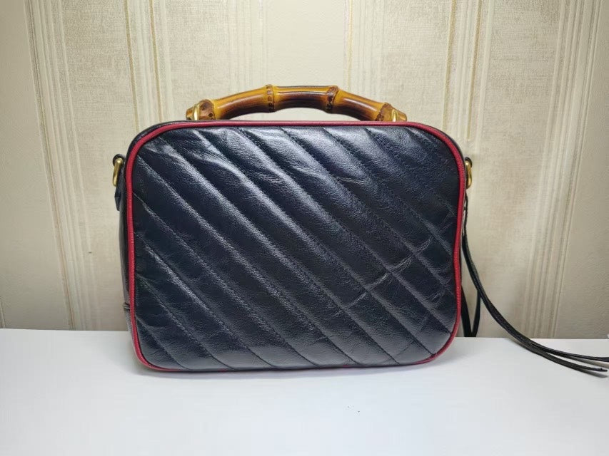 Gucci Bamboo Black Leather Bag Red Trim Medium