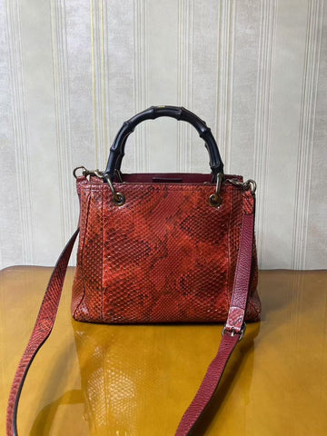 Gucci Bamboo Red Python Leather Top Handle Bag Medium