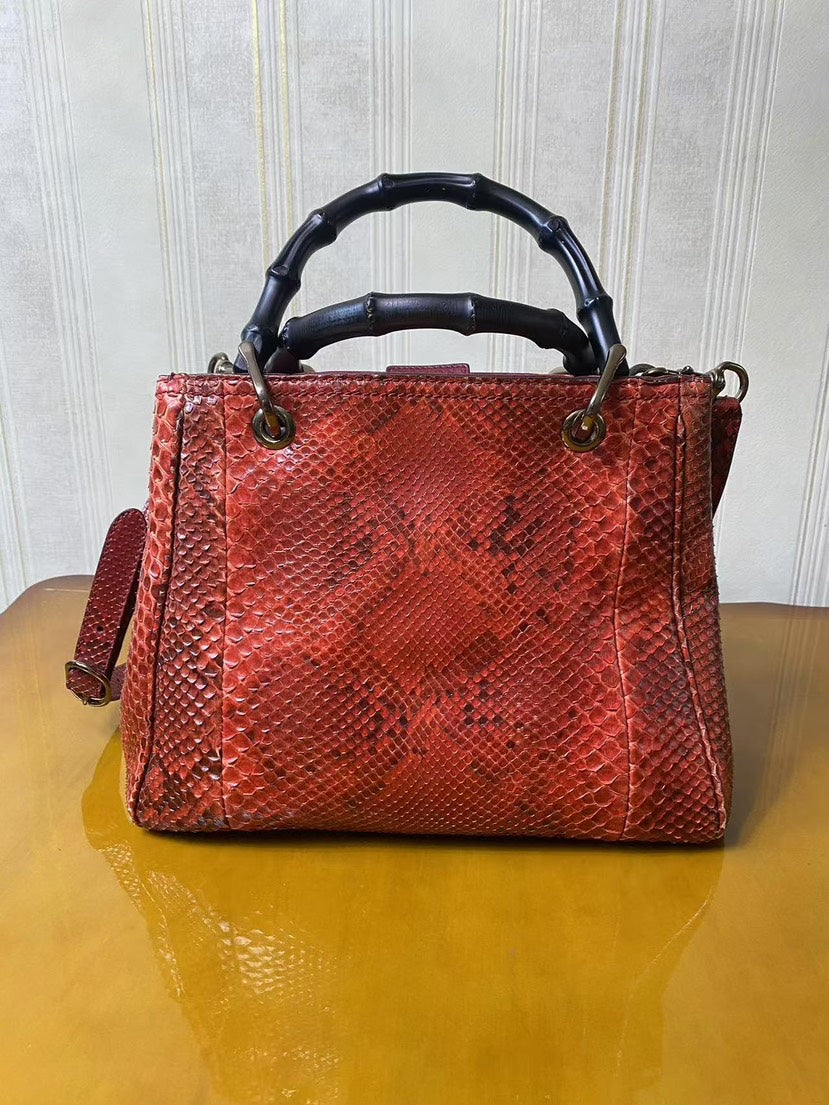 Gucci Bamboo Red Python Leather Top Handle Bag Medium