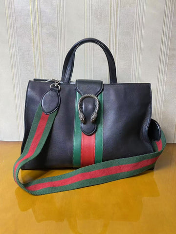Gucci Dionysus Black Leather Tote Bag Green Red Stripe Medium
