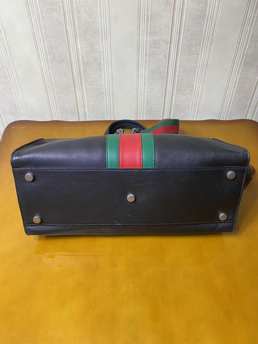 Gucci Dionysus Black Leather Tote Bag Green Red Stripe Medium
