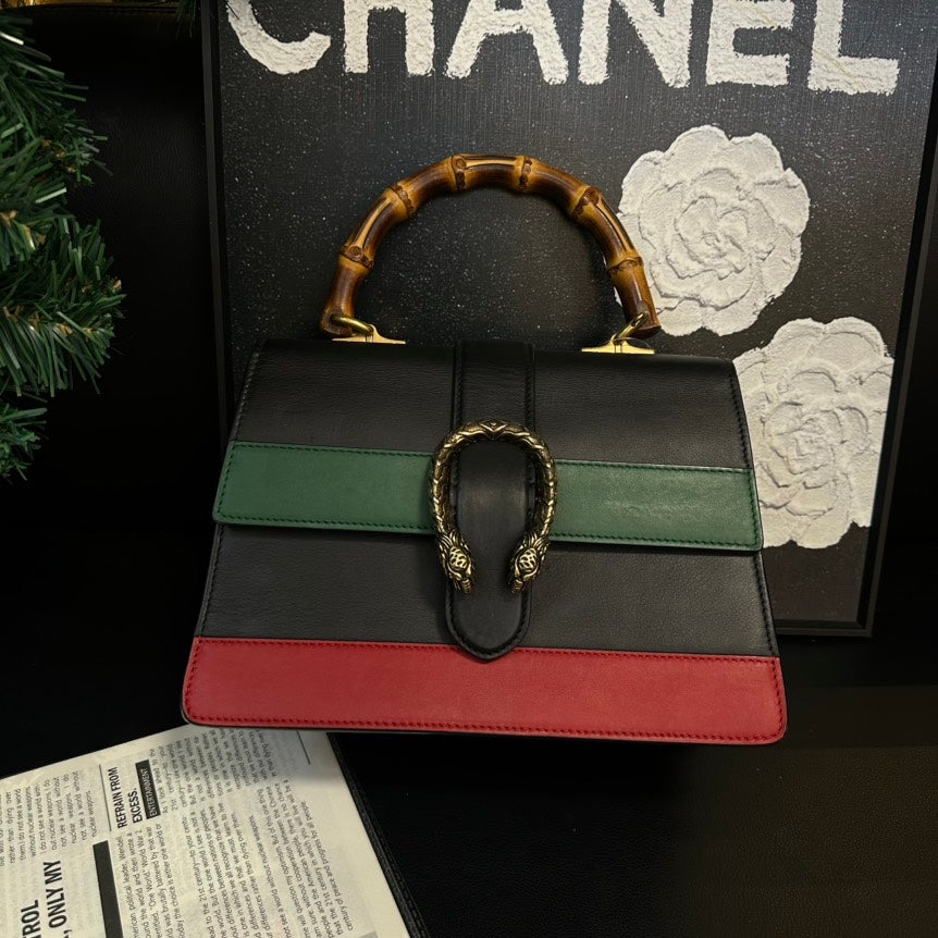 Gucci Bamboo Handle Black Green Red Leather Bag