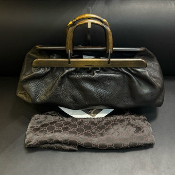 Gucci Black Leather Wooden Handle Frog Mouth Handbag Medium