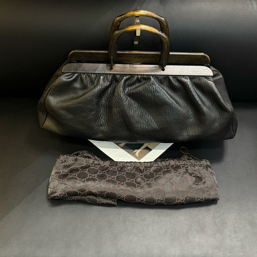 Gucci Black Leather Wooden Handle Frog Mouth Handbag Medium