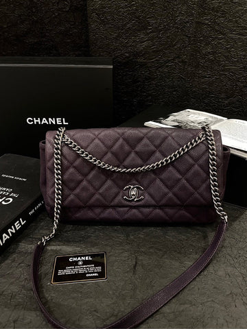 Top Quality Chanel Purple Caviar Silver Buckle Airport Crossbody Bag With Card