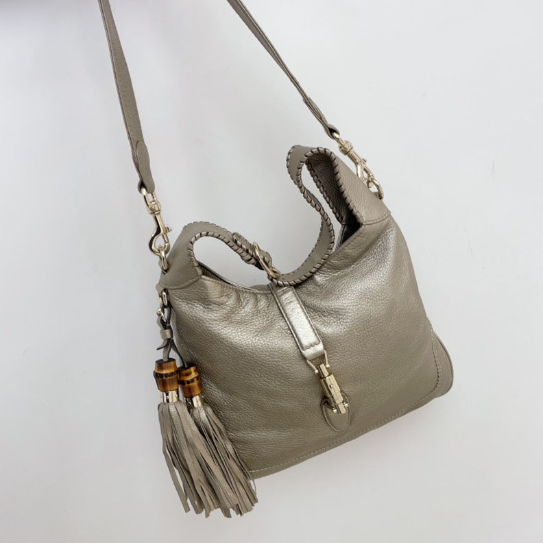 Gucci Bamboo Beige Leather Two Way Shoulder Bag Medium