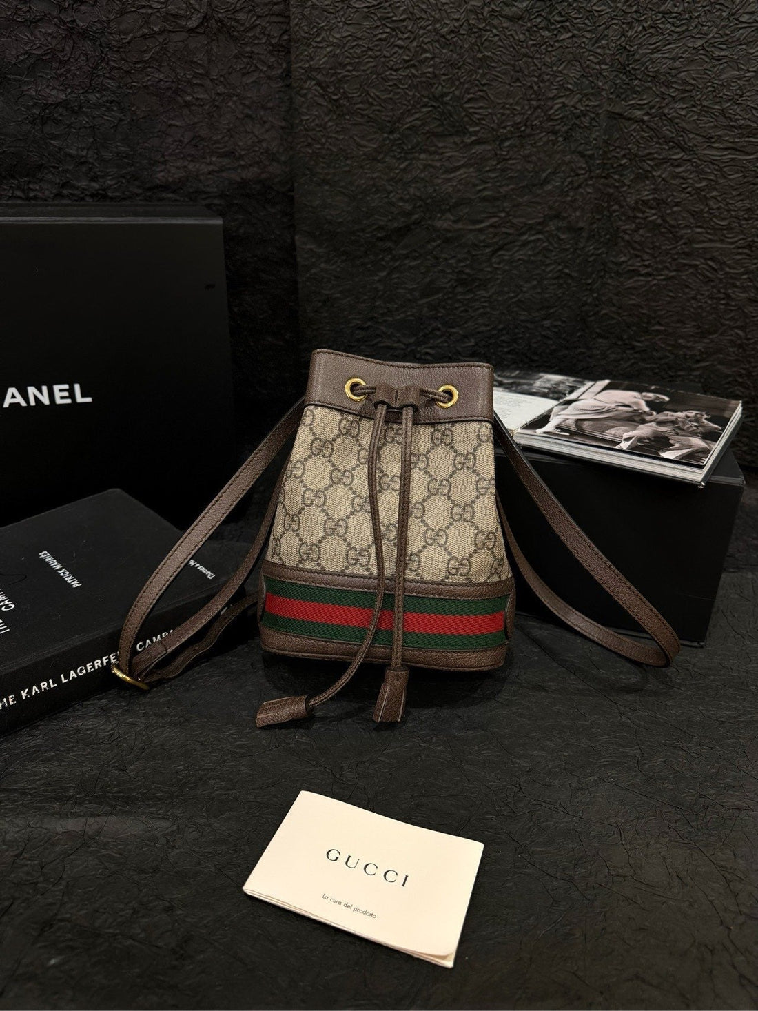 Gucci Ophidia GG Supreme Beige Ebony Mini Bucket Bag