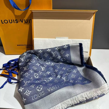 Louis Vuitton Monogram Denim Blue Silk Wool Scarf