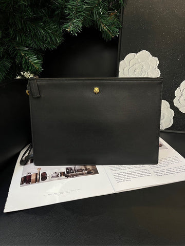 Gucci Black Leather Gold Tiger Logo Clutch Bag