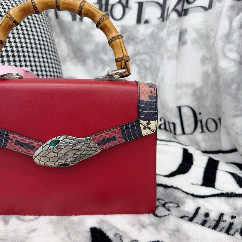 Gucci Red Bamboo Top Handle Snake Accent Handbag