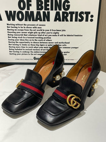 Gucci Black Leather High Heel Loafer with Pearl Detail Size 37.5