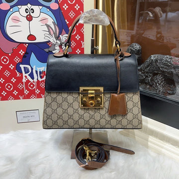 Gucci Padlock Beige Brown Leather GG Supreme Canvas Top Handle Bag Small
