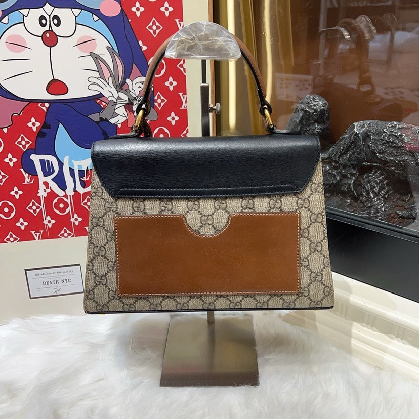 Gucci Padlock Beige Brown Leather GG Supreme Canvas Top Handle Bag Small