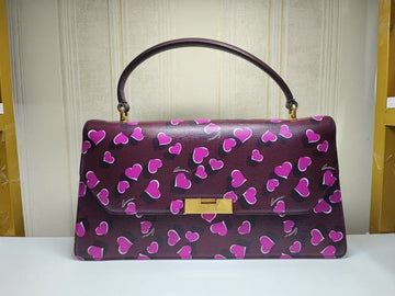 Gucci Heart Print Leather Top Handle Bag Burgundy Pink Medium