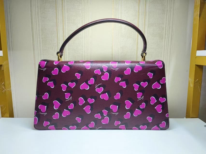 Gucci Heart Print Leather Top Handle Bag Burgundy Pink Medium
