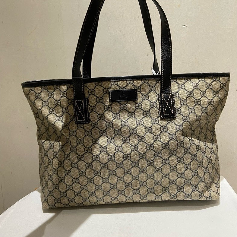 Gucci Monogram Beige Canvas Black Leather Long Handle Tote Large
