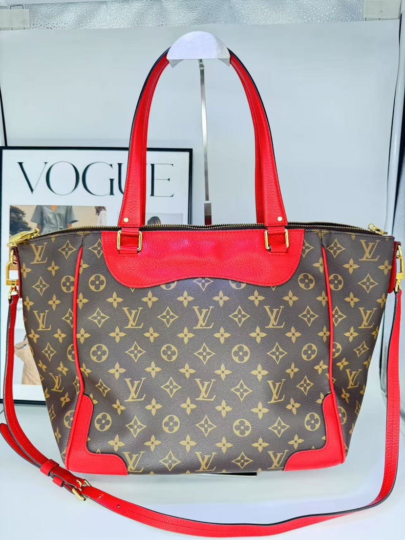 Louis Vuitton Monogram Canvas Red Leather Tote Bag Medium