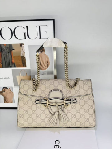 Gucci Emily GG Beige Leather Chain Shoulder Bag Medium