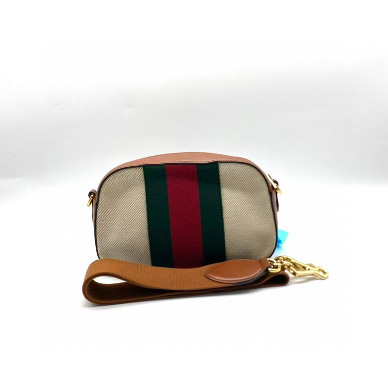 Gucci Small Beige Brown Canvas Leather Camera Bag