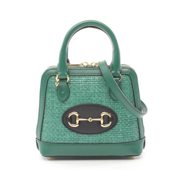 Gucci Horsebit 1955 Mini Top Handle Bag Green Black Straw Leather 2WAY Handbag