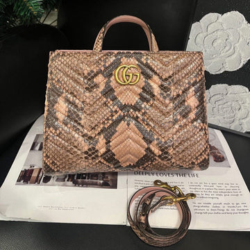 Gucci Snake Skin Tote Shoulder Bag Brown Medium