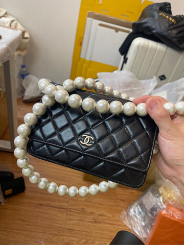 Top Quality Chanel WOC Black Leather Quilted Pearl Chain Bag