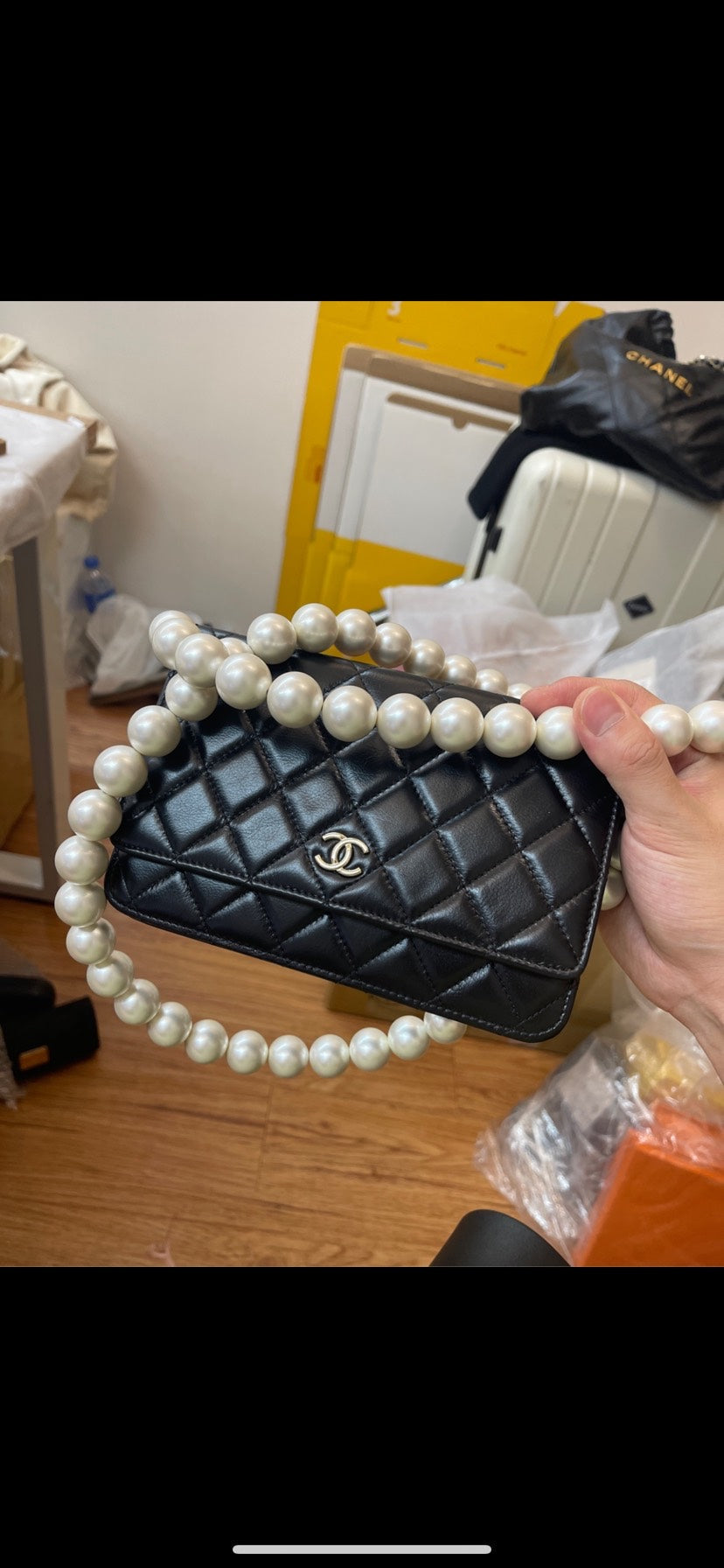 Top Quality Chanel WOC Black Leather Quilted Pearl Chain Bag
