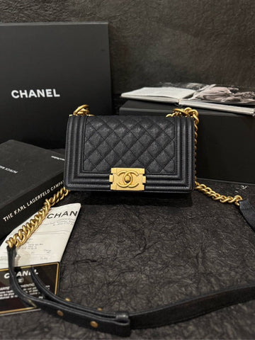 Chanel Small Boy Caviar Black Gold Handle Bag with Card
