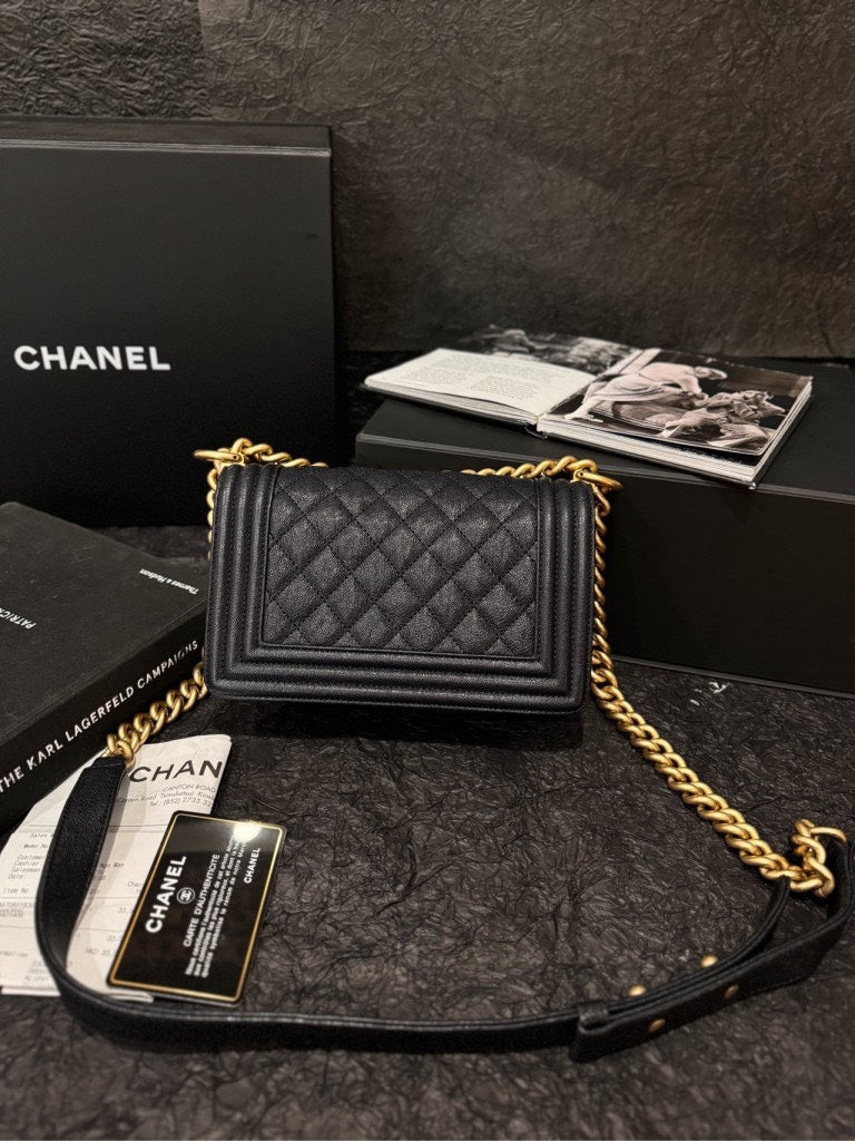 Top Quality Chanel Small Boy Caviar Black Gold Handle Bag with Card