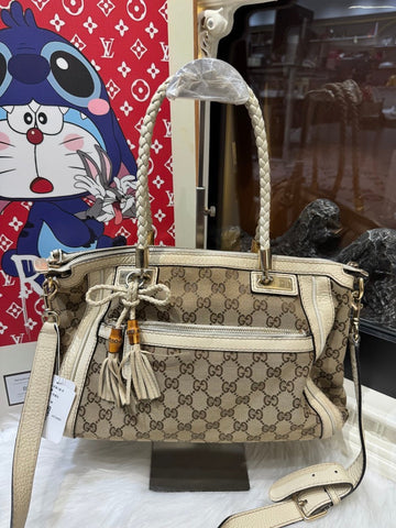 Gucci Beige Signature Canvas Bamboo Tassel Tote Medium