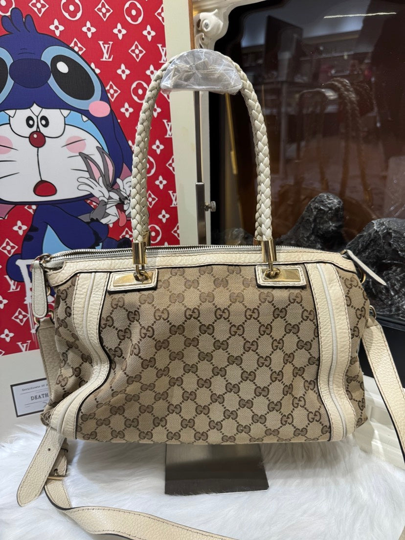 Gucci Beige Signature Canvas Bamboo Tassel Tote Medium