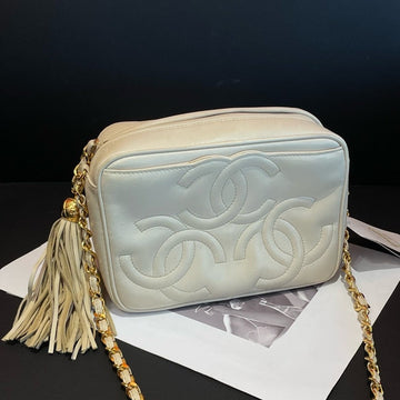 Chanel  White Leather Camera Bag With Tassel Gold Chain Strap