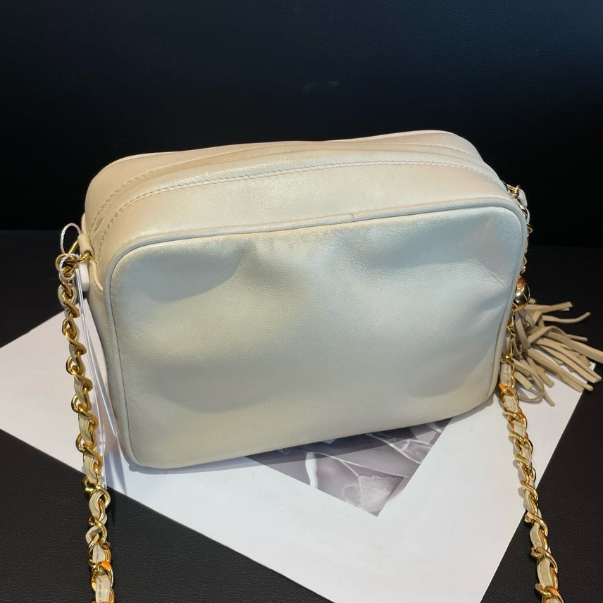 Top Quality Chanel  White Leather Camera Bag With Tassel Gold Chain Strap