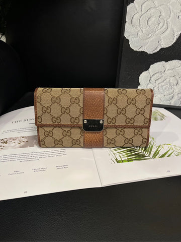 Gucci Brown Canvas Leather Patchwork Long Wallet