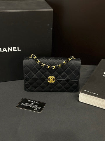 Chanel CF Chain Bag Black Gold Satin Circular Turnlock Buckle