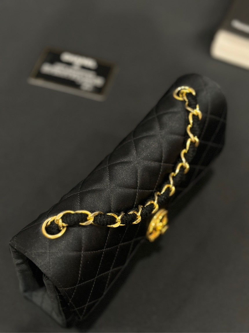 Chanel CF Chain Bag Black Gold Satin Circular Turnlock Buckle