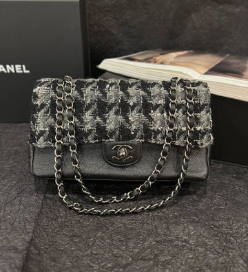 Top Quality Chanel CF Linton Tweeds & Caviar Leather Black Double Flaps Bag