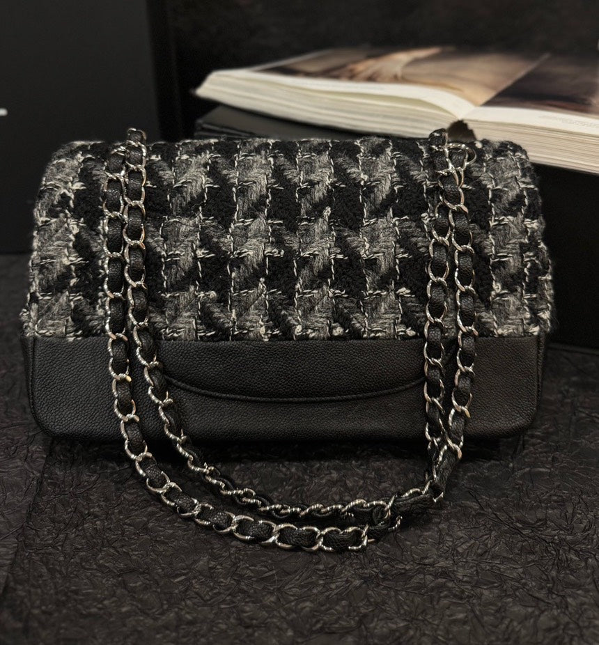 Top Quality Chanel CF Linton Tweeds & Caviar Leather Black Double Flaps Bag