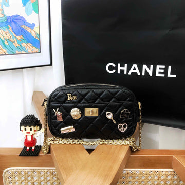Top Quality Chanel Black Quilted Leather Camera Bag with Gold Hardware